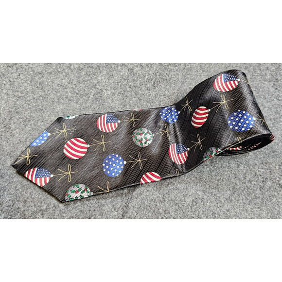 Christmas Tie 100% Silk Patriotic Ornament American Flag Vintage Gift Black 56" - Picture 4 of 9